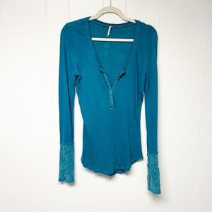 Free People Teal Blue Long Sleeve Top with Lace Cuffs Medium